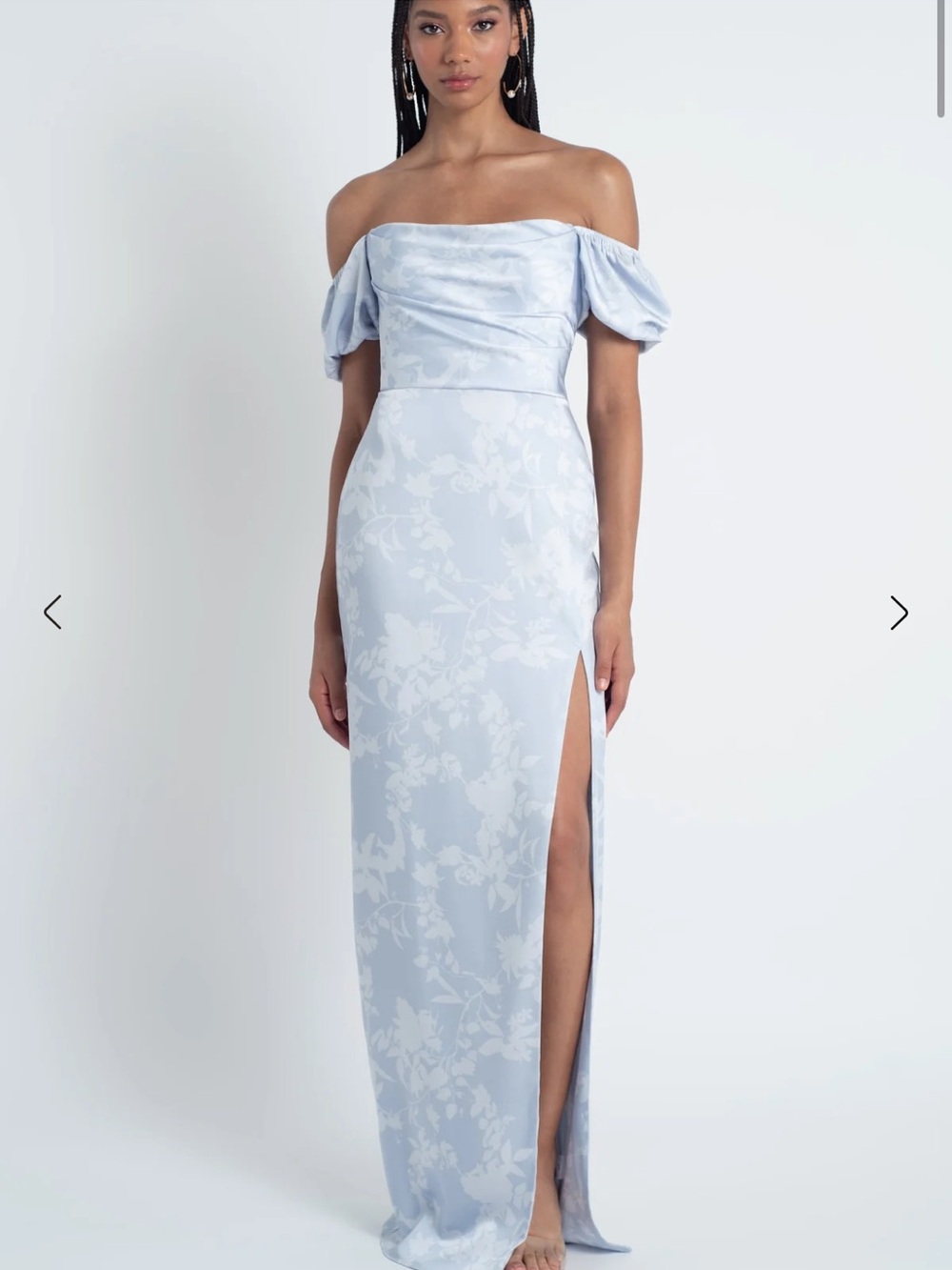 Jenny Yoo Blakely Whisper Blue Off-Shoulder Satin Evening Dress in Light Blue